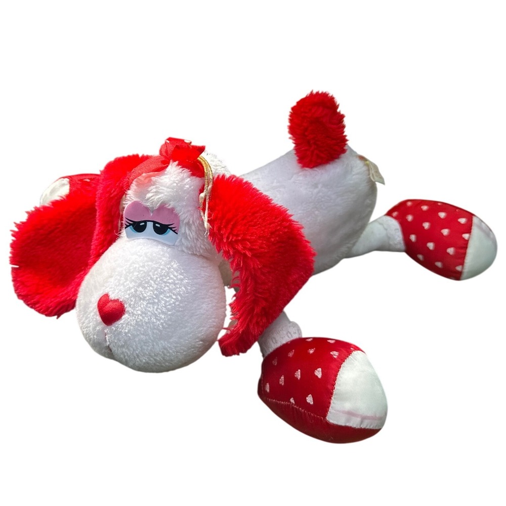 Vintage Fun World Valentine Dog Plush White Red Heart‎ Boots Stuffed Animal 9"